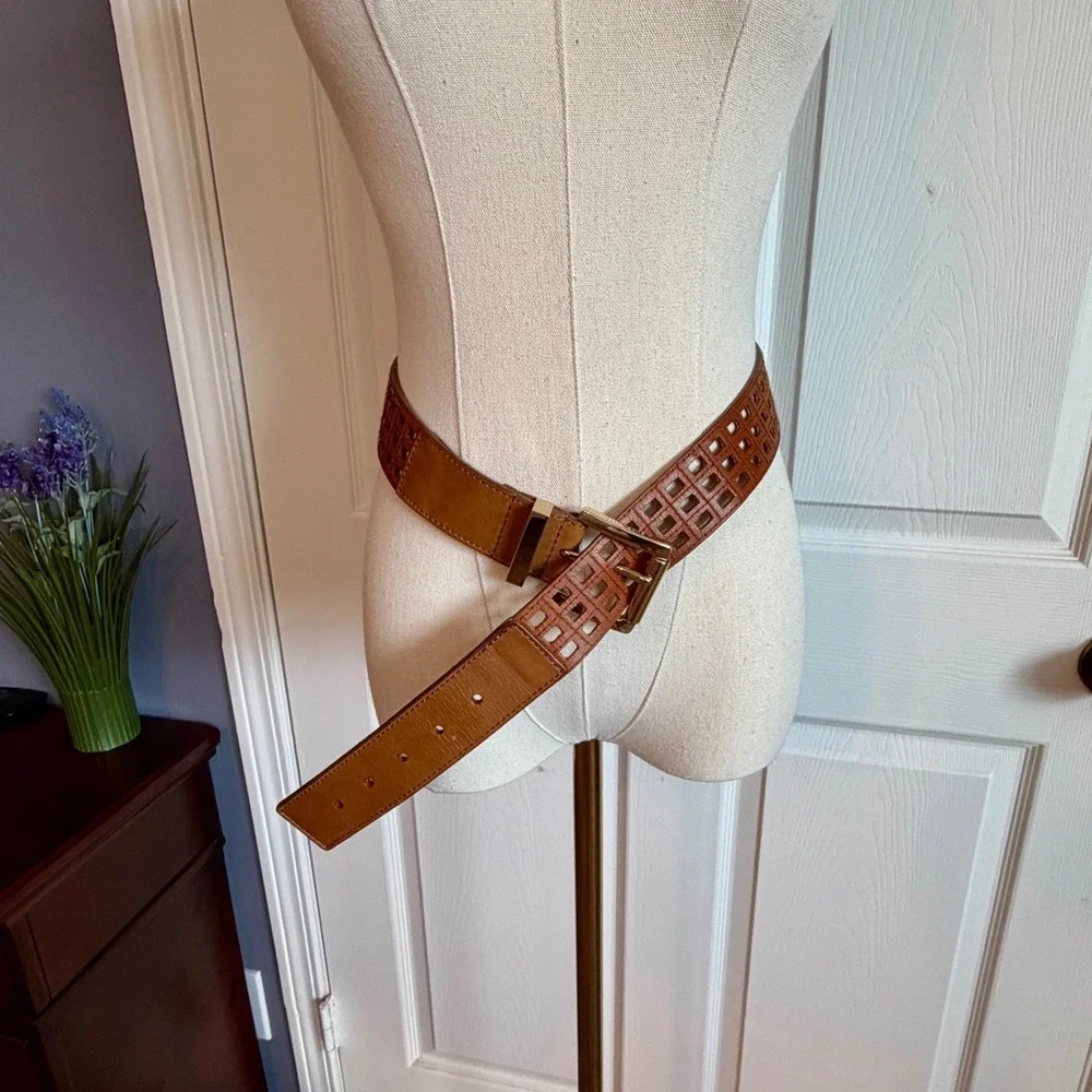 MK Cognac Brown Leather Lattice Laser Cut Belt with Gold Tone Buckle Medium